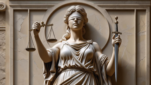 Lady liberty blindfolded, with scales and a sword