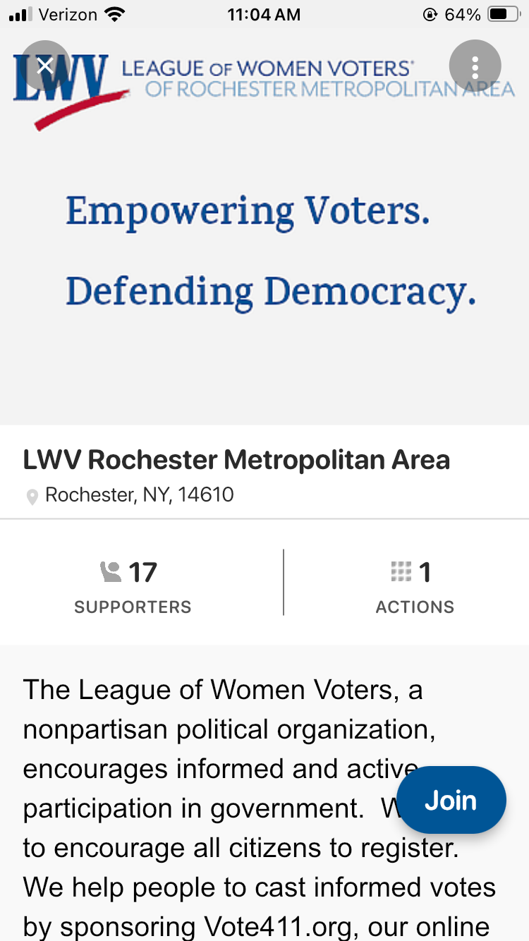 Join page for LWV-RMA League in Action account