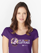 Woman wearing a t-shirt with a picture of Susan B. Anthony and a League logo with the text "Put the Rage in Suffrage."